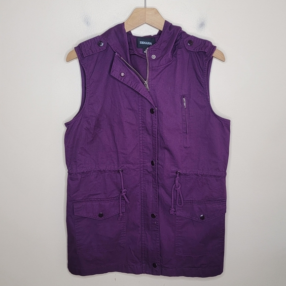 Zenana | Purple Utility Hooded Cargo Vest Size Small - Picture 1 of 5